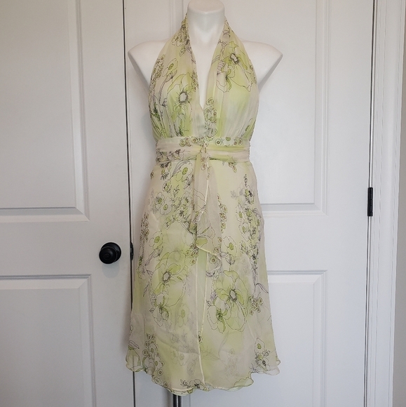David Meister Yellow Green Silk Floral Halter Ruffle 90s Y2K Dress 4 - Picture 1 of 12